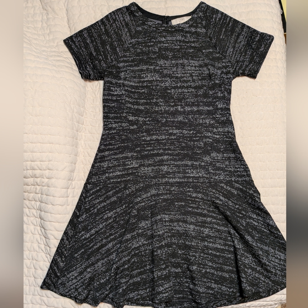 LOFT Black and Gray Marble-Textured Fit & Flare Mini Dress